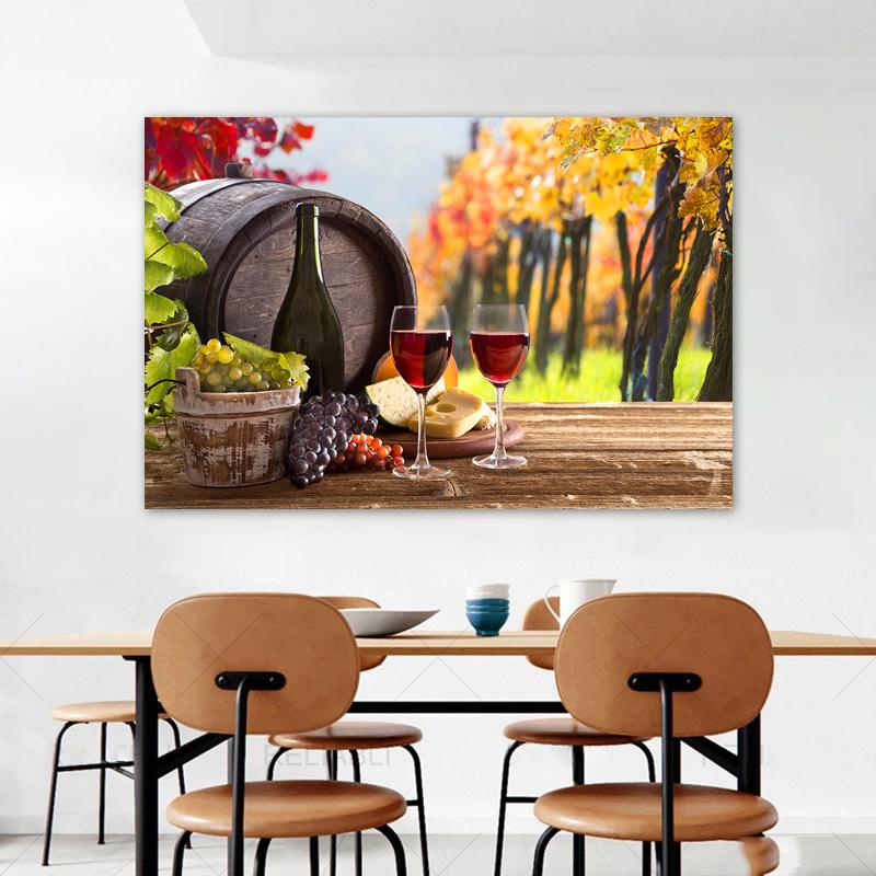 Wine Glass Bottle Posters and Prints Canvas Painting Wall Art Pictures for Dining Room Home Decor Grapes Wooden Barrel Cuadros