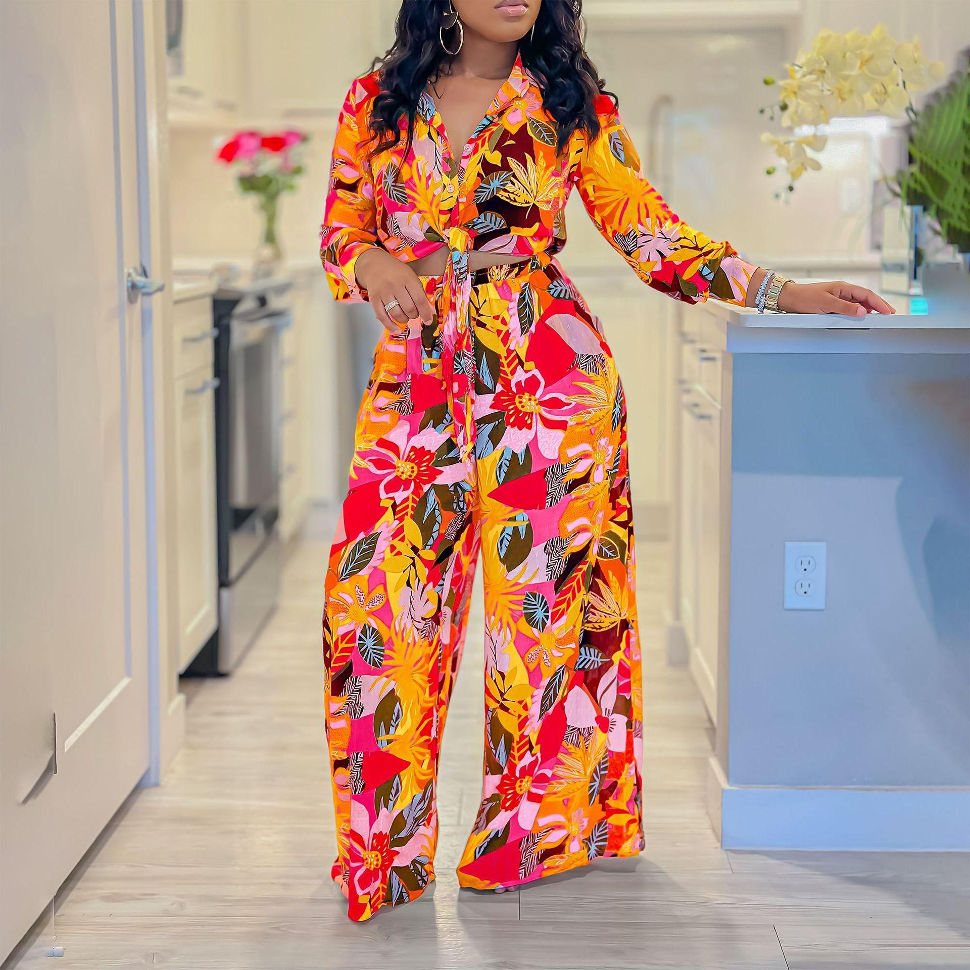 Women 2 Pc Sets Printed Blouse Fashion High Street Wide Leg Pants Wear Female Plus Size XxxlPant Sets Women Summer Suits S жёлтый
