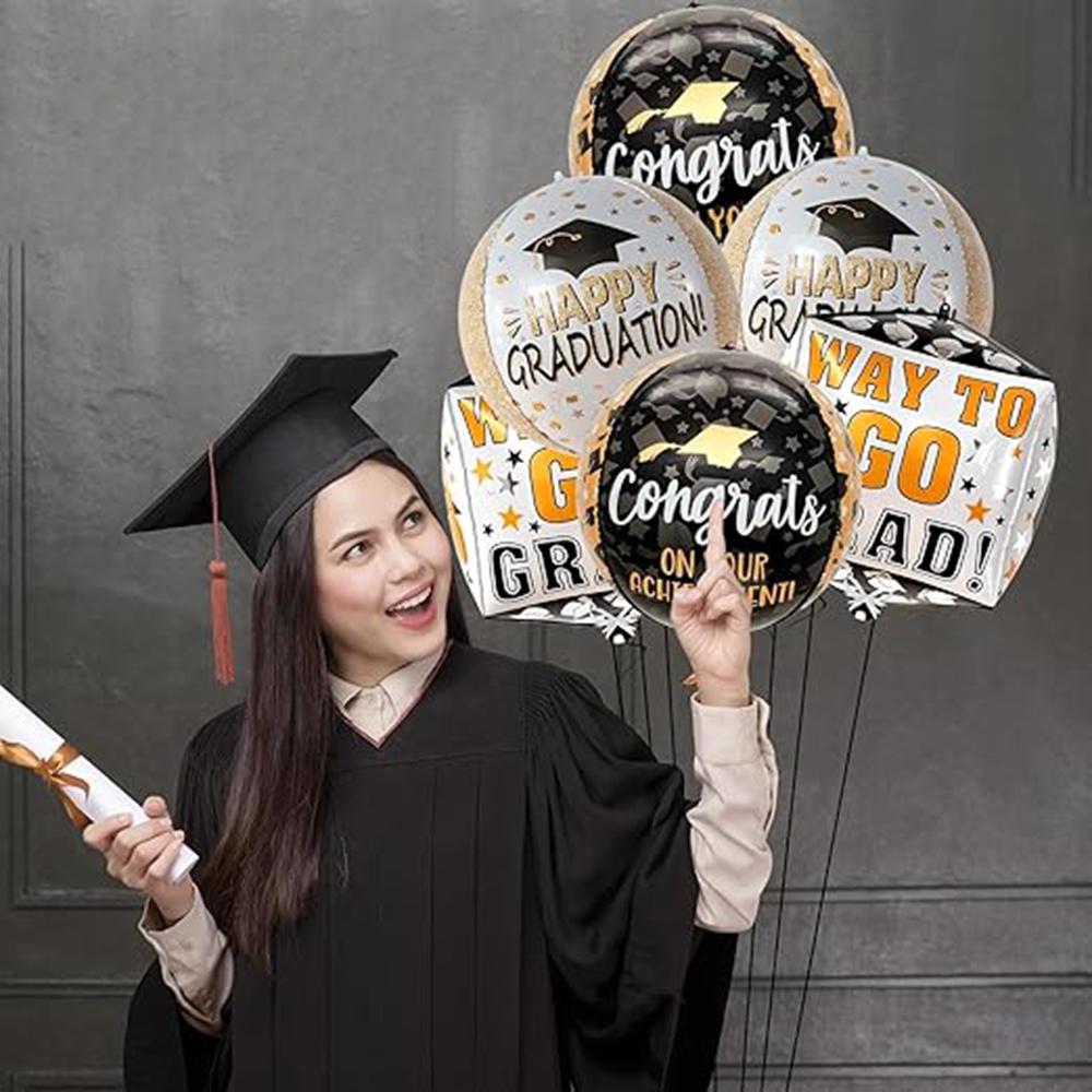 Conjunto de 6 Balões Metalizados 4D de Formatura, Balões Estéreo 3D Cubo e Redondo Preto Dourado com Impressão "Way to Go Grad" "Parabéns", Form
