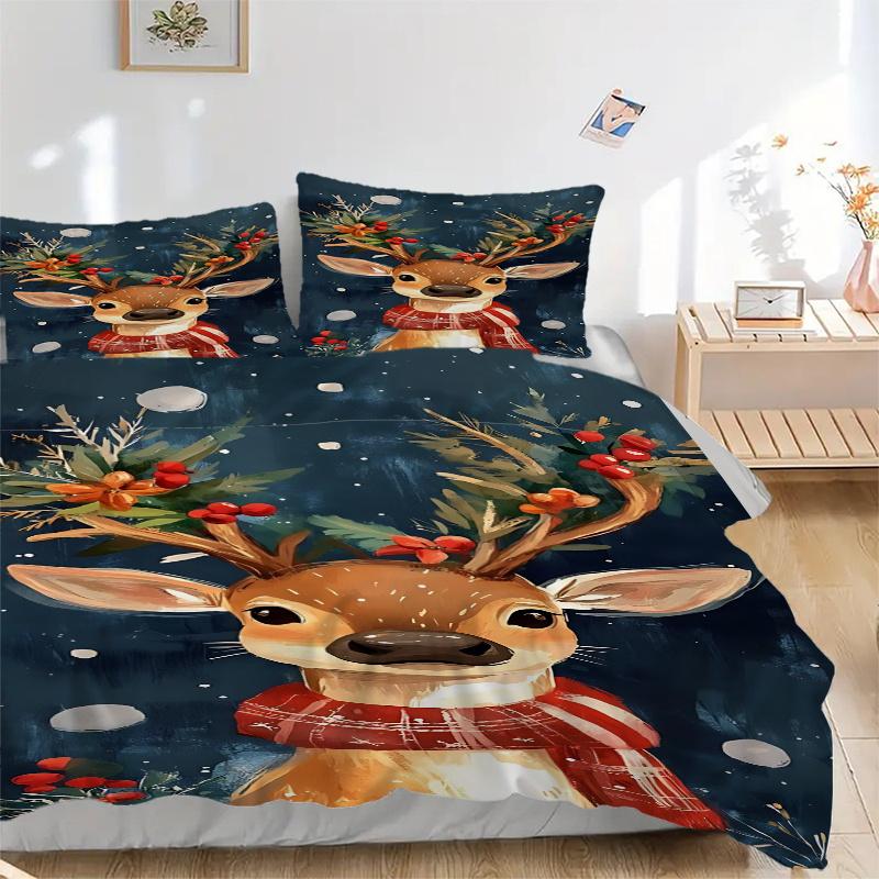 

3pc Christmas Deer with Berries & Flowers Home Decorative Bedding Set Daily Use,Suitable for Bedroom 135x200cm