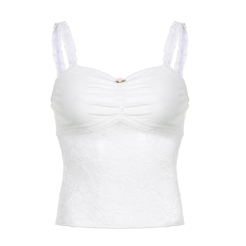 

Сладкие и пряные жаккардовые кружевные лоскутные слегка плиссированные тонкие подтяжки, сексуальная перспектива, короткий жилет с открытой спиной для горячих девушек, тонкие подтяжки L белый