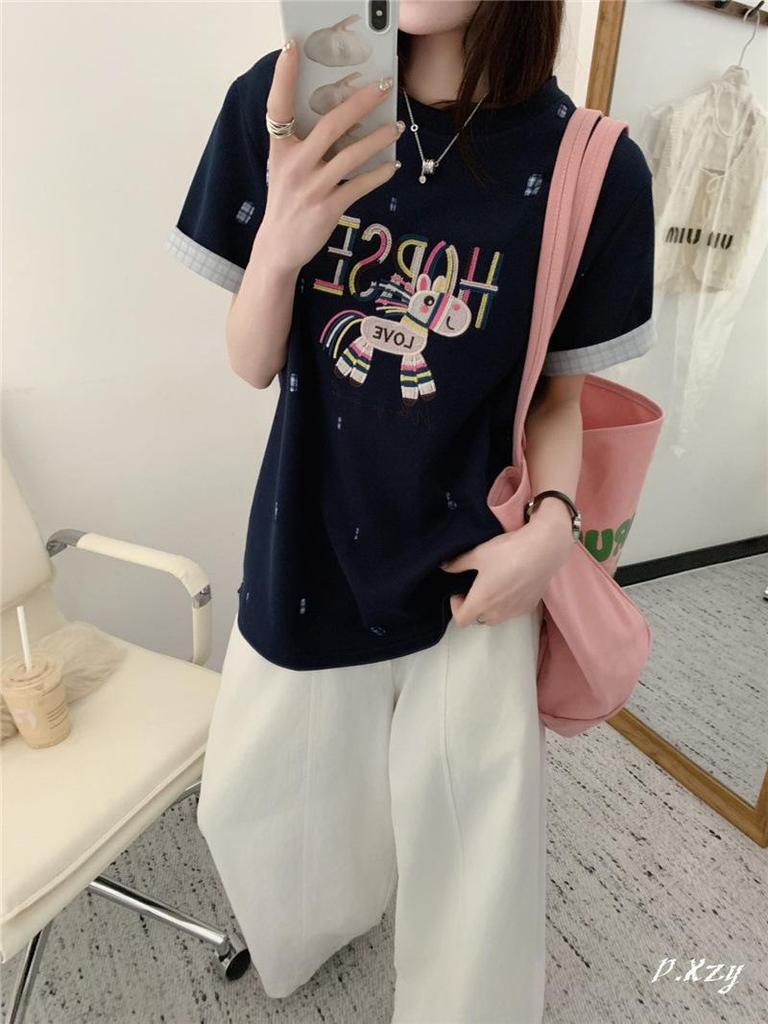 2026 Korean Style Embroidered Cartoon Letter Women's Loose Cotton T-Shirt, Casual Short Sleeve Top for Spring/Summer.