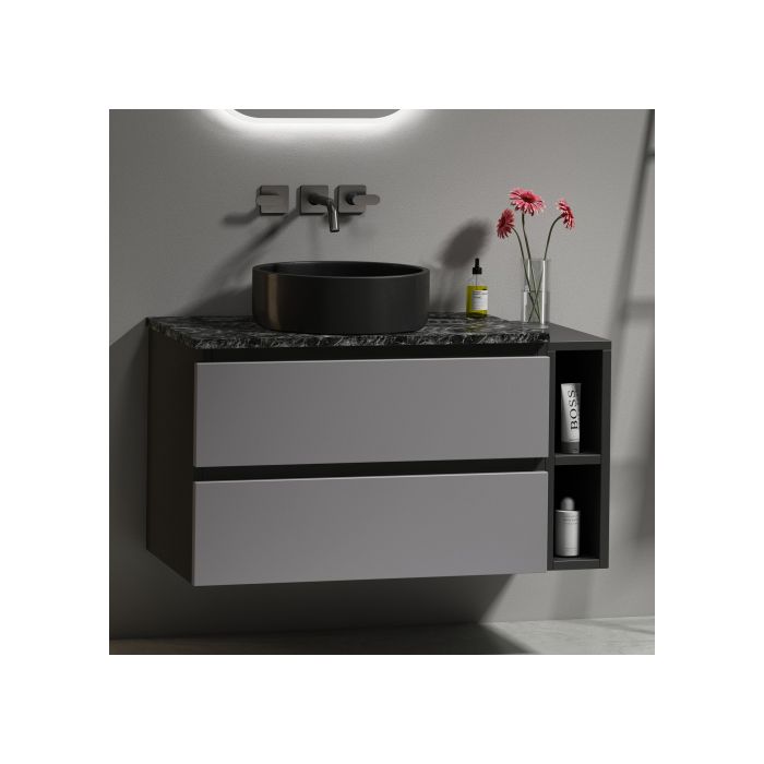 Meuble sous-vasque suspendu de 80 cm de large,avec vasque en céramique,avec tiroirs,design moderne,noir-gris