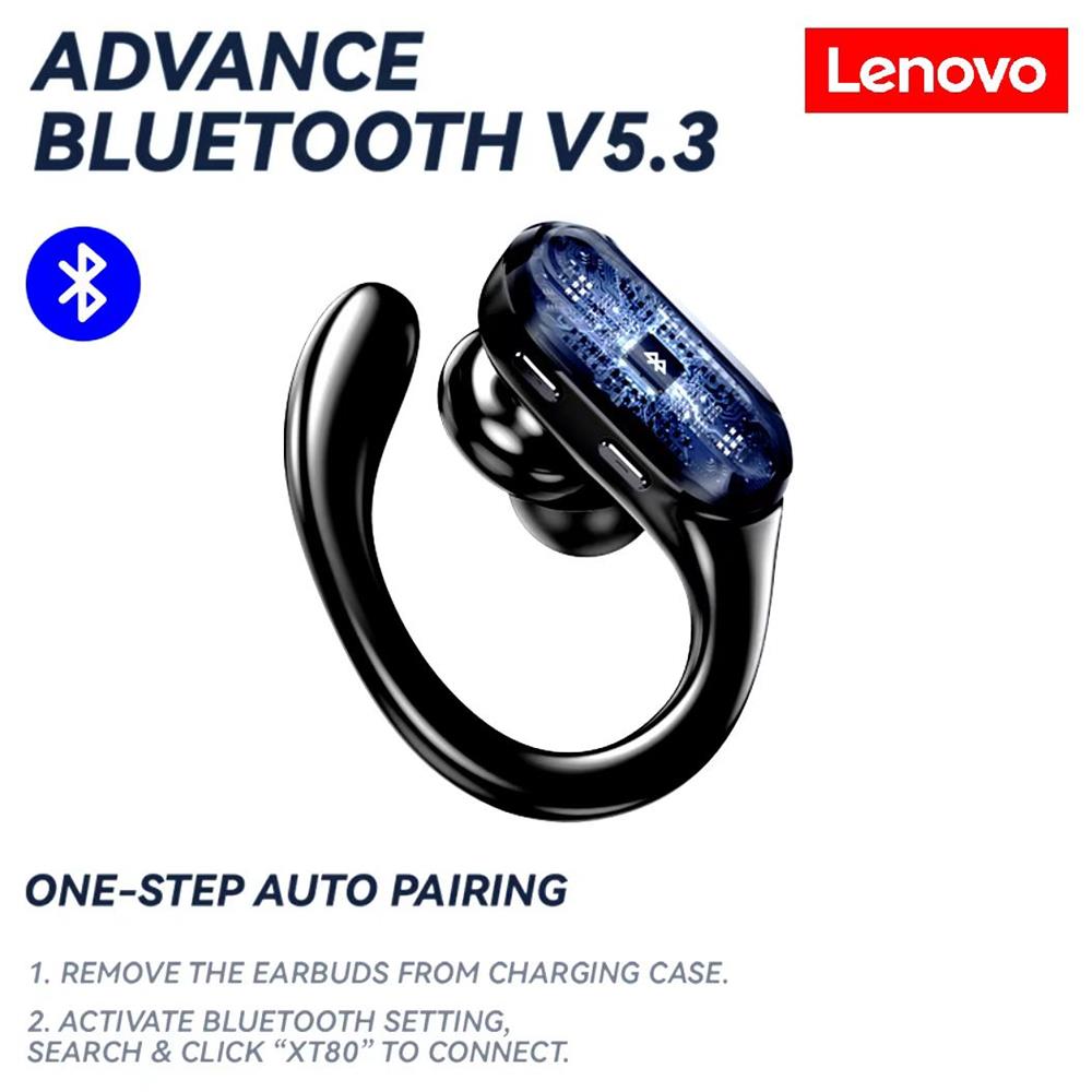 Auricolari originali Lenovo XT80 True Wireless Bluetooth 5.3 con controllo del pulsante del microfono Display di alimentazione Riduzione del rumore Ganci per le orecchie Cuffie impermeabili