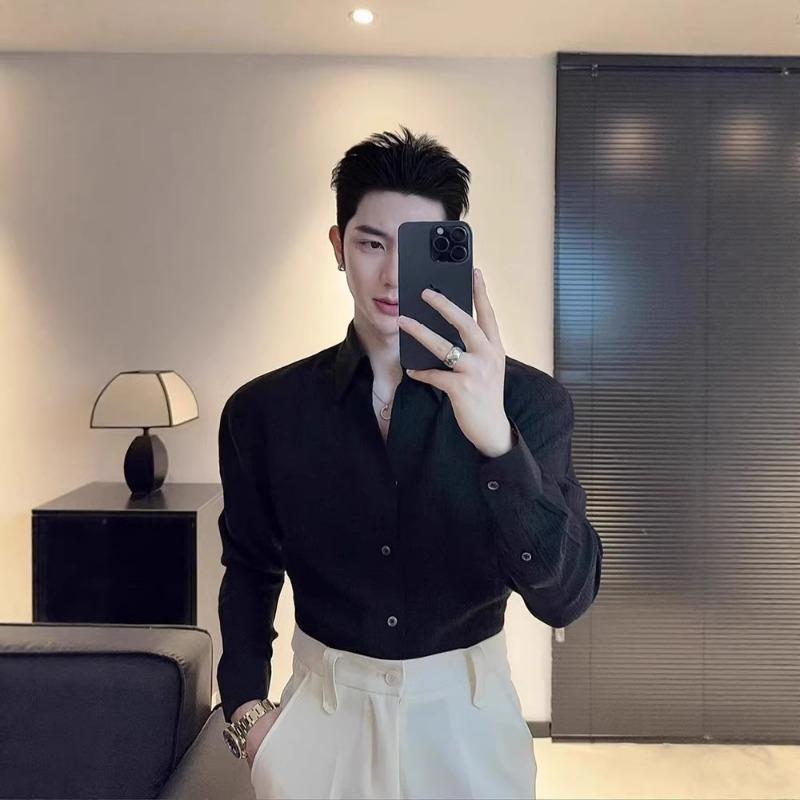 

Men s Textured Sheer Lapel Long Sleeve Button Down Shirt Casual Formal Top S чёрный