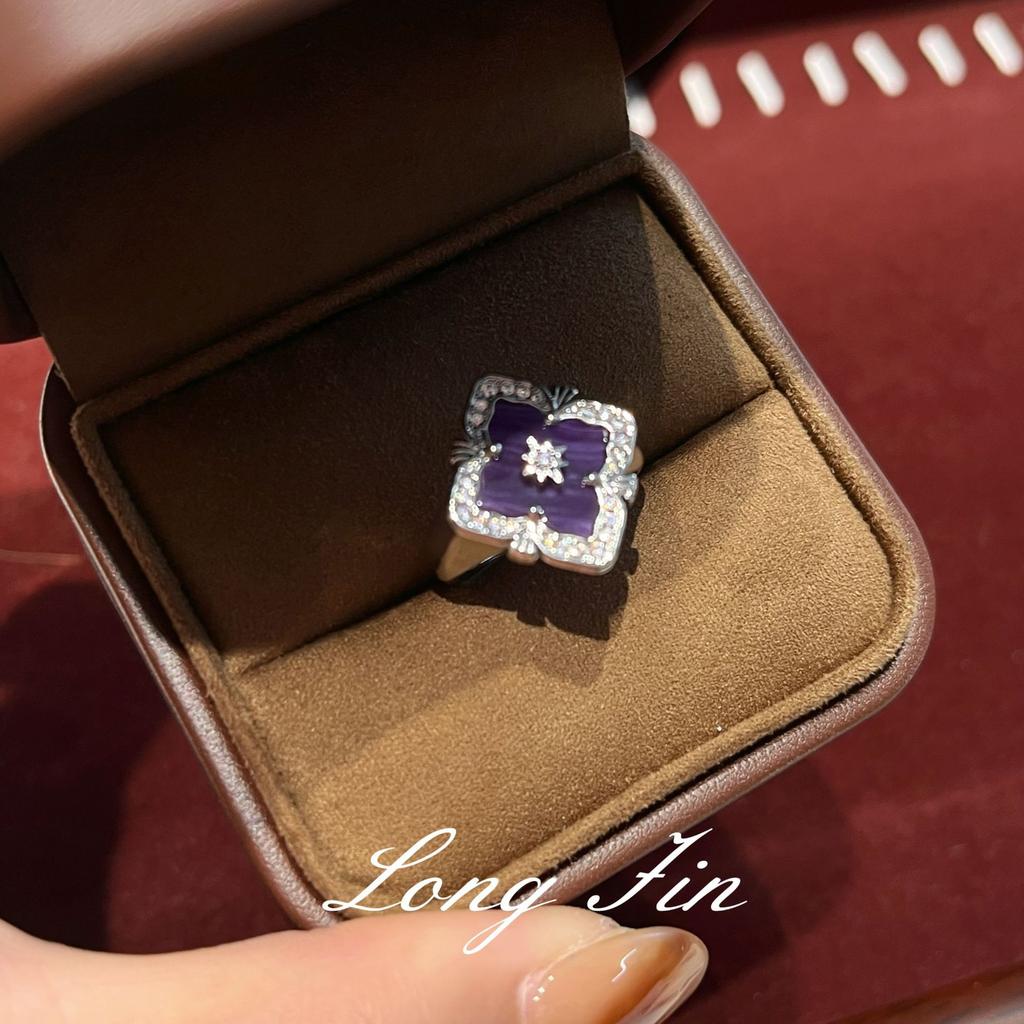 French Retro Four-Leaf Clover Window Grilles, Purple Dragon Crystal Jewelry Set, Necklace, Bracelet, Earrings, And A Ring.