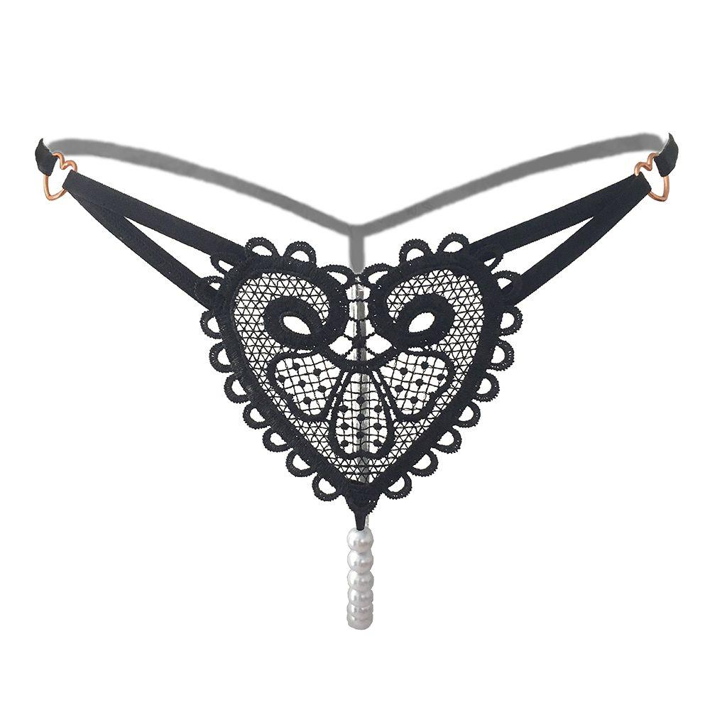 Transparent Sexy Low-Rise Embroidery Love Heart Underwear Thongs Lingerie Pearl Massage Panties