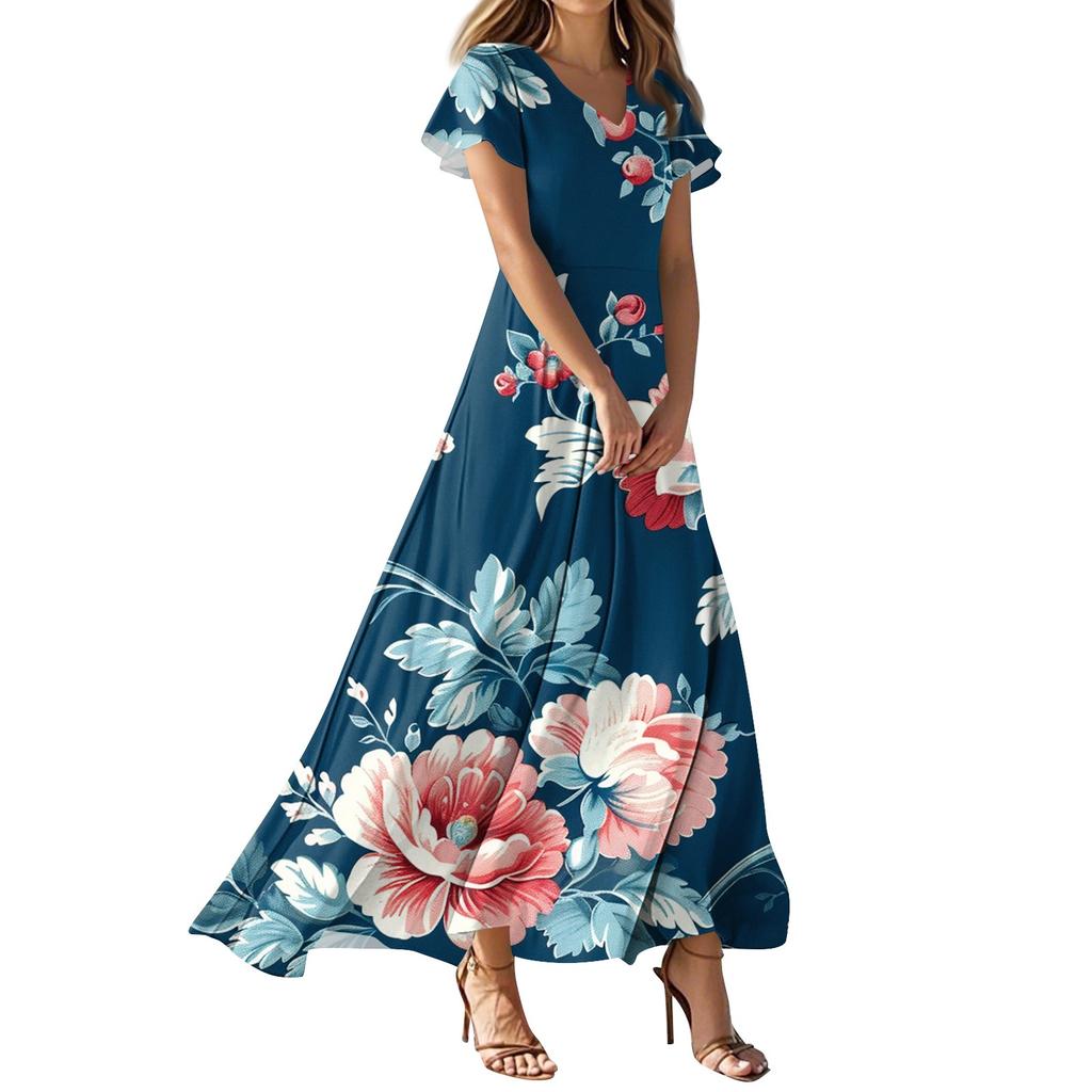 Lässiges Damenkleid mit V-Ausschnitt, kurzen Ärmeln und hoher Taille, Retro-Blumenblatt-Print