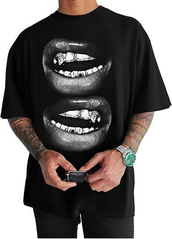 

GORGLITTER Men s Lip Print Loose Fit T-Shirt, Short Sleeve, Round Neck, Street Style XXXL