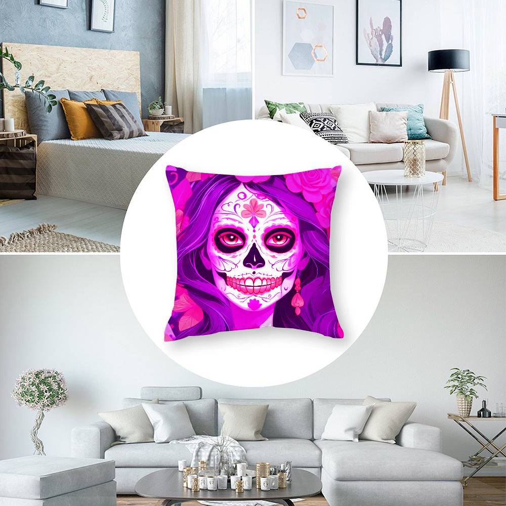 Halloween Sugar Skull Girl Pillow Case Short Plush Double-Sided Print Square Throw Pillow Covers Sofa Home Cushion Decor