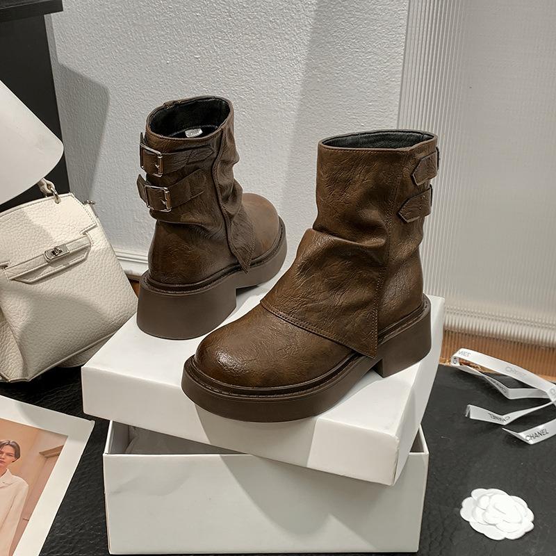 Brown thick-soled big tube circumference short boots women's new spring and autumn trouser tube boots Martin boots medium tube
