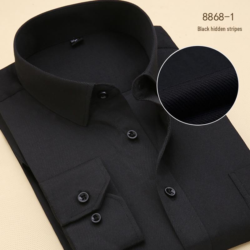 "Men's Long-Sleeved Black and White Business Slim-Fit Shirt with Solid Color or Printed Design"