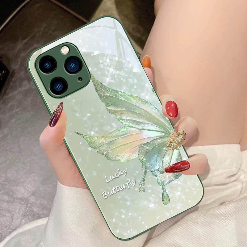 Dreamy Butterfly Far Peak Blue For IPhone 15 Pro 14 13 12 Mini 11 XS Max XR 7 8 Plu SE 2020 2022 Tempered Glass Phone Case