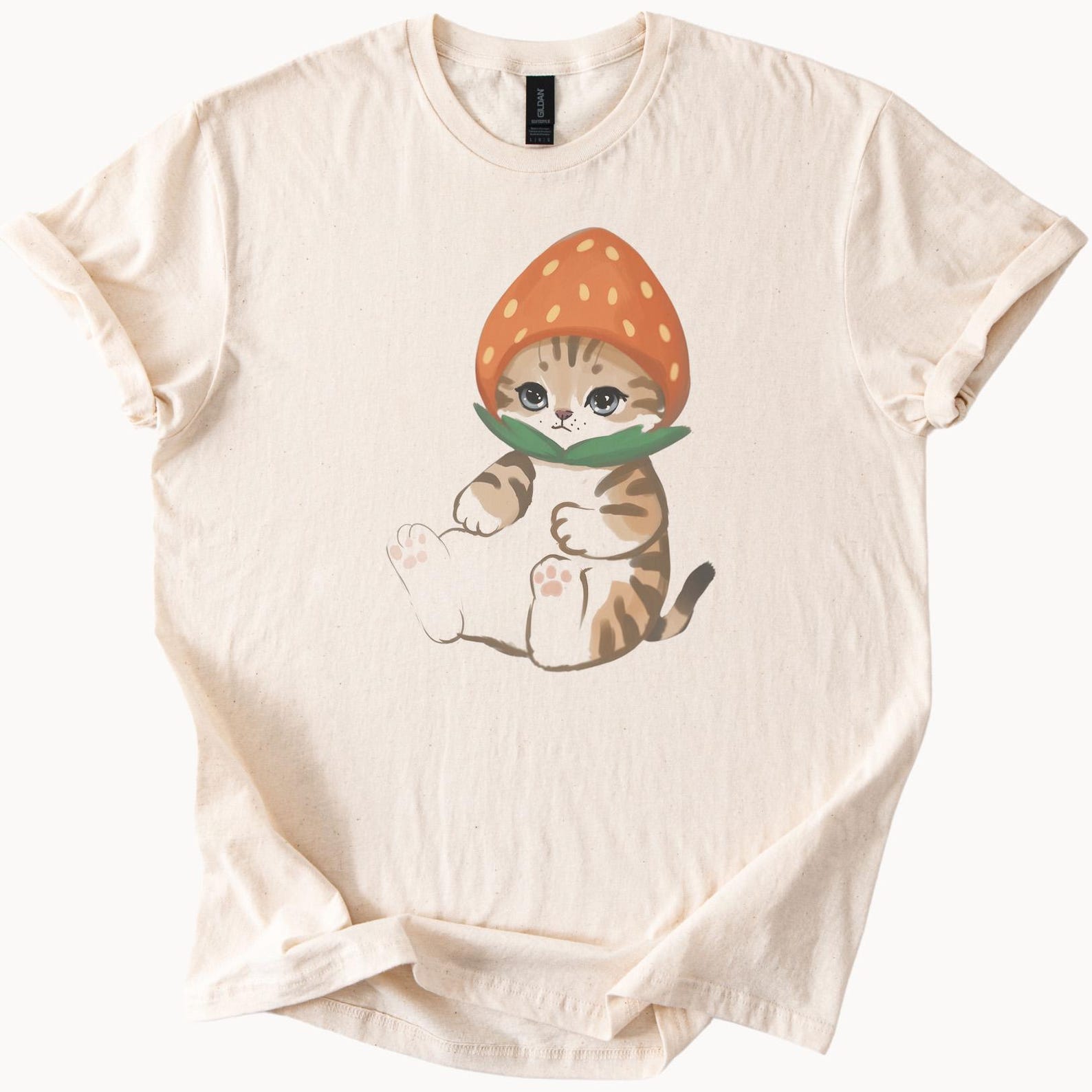 Cute Tabby Cat Strawberry Hat Shirt Adorable Cat Lovers Animal Fruit Kawaii Graphic Tee Soft Casual Trendy Gift for Her Him 120