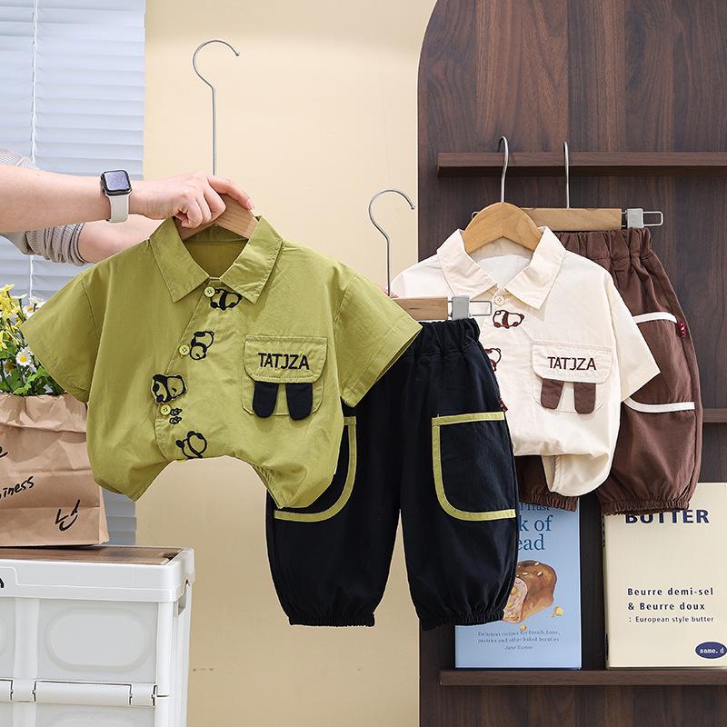 

Kids Summer Short Sleeve Lapel Shirt Two-Piece Set for Boys 90cm зелёный