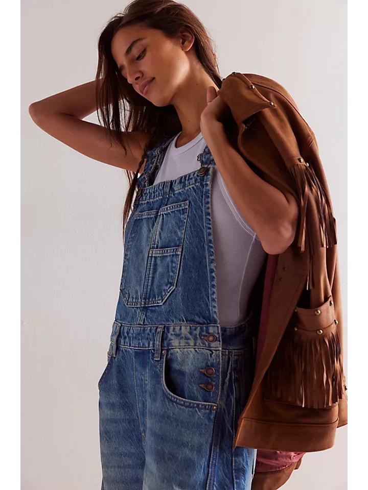 Vintage Street Style Washed Loose Fit Women's Denim Overalls for Autumn/Winter