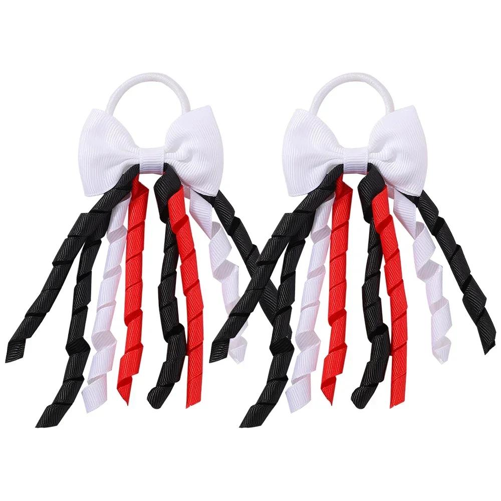 RAINBOW BOWS Grosgrain Ribbon Long Hair Ties Bows for Baby Girls Curly Hair Bows Elastic Colorful Kids Hair Band 2Pcs/lot Whole
