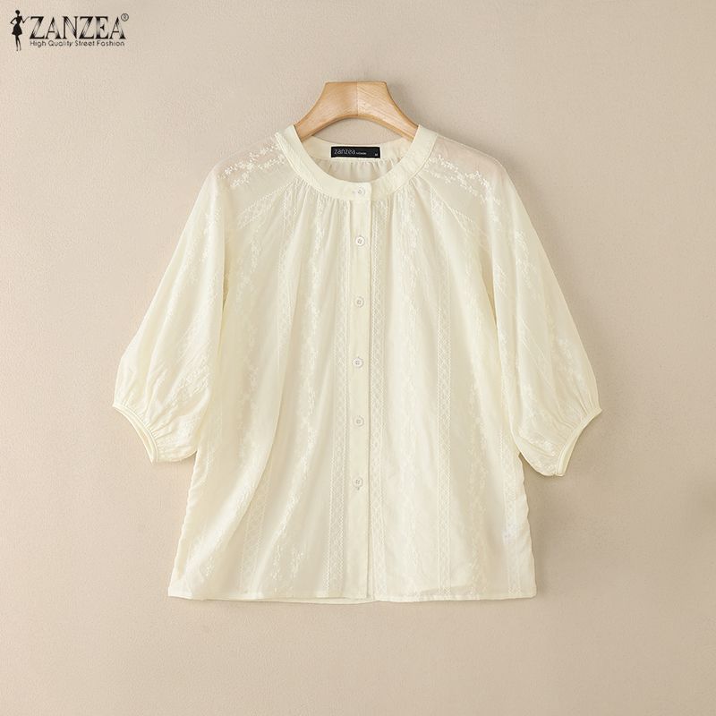 ZANZEA Women Vintage Round Neck Short Sleeves Semi-Sheer Embroidery Blouses