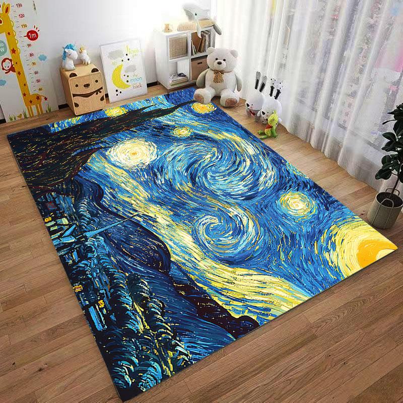 Starry Night-Inspired Art Rug suitable as a non-slip mat for the living room or bedroom sofa