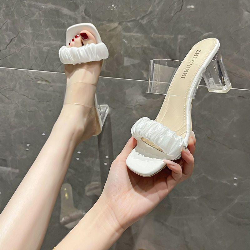 Internet Celebrity Slippers Women 2025 Summer New Versatile Crystal Transparent Thick Heel Fairy Wind High Heel Cool Slippers Ins Tide