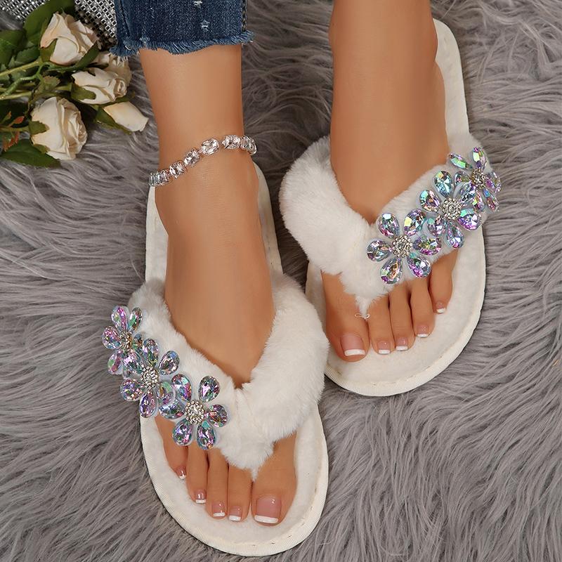 Fashion Rhinestone Floral Fur Flip Flops Women Winter Indoor Open Top Slip On Cotton Slippers Woman Comfort Faux Fur Plush Slippers Lady