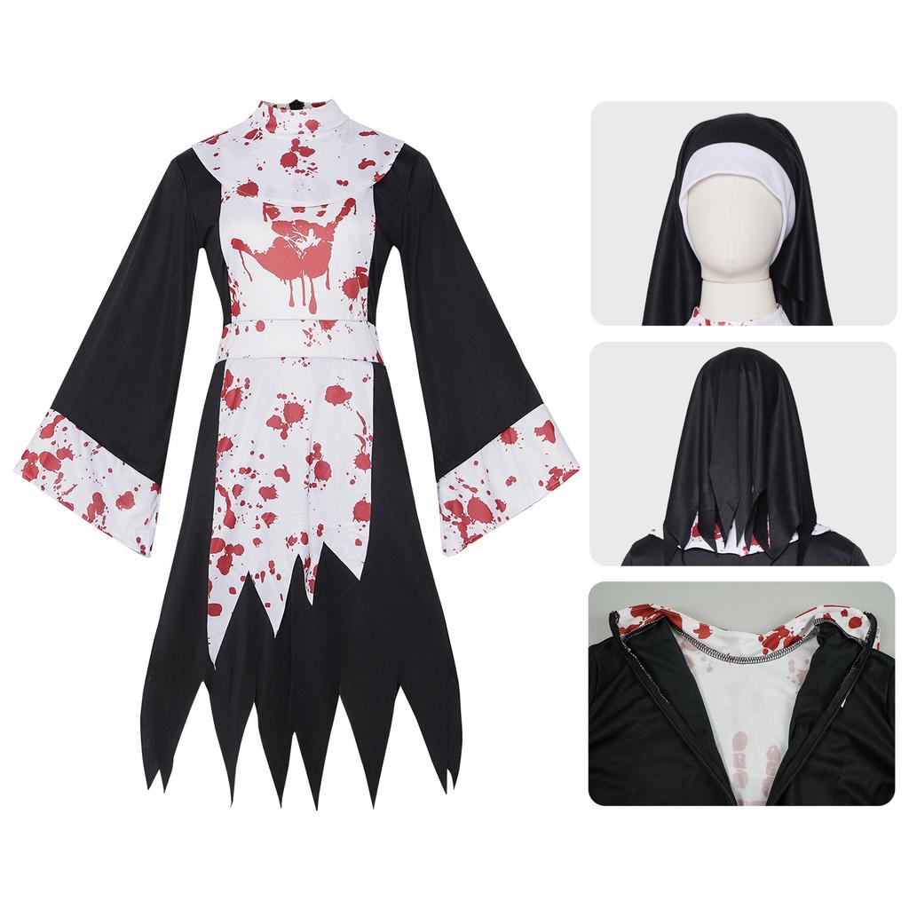 Bloody Zombie Nun Cosplay Dress, Horror Stained Nun Outfit Halloween Stage Wear