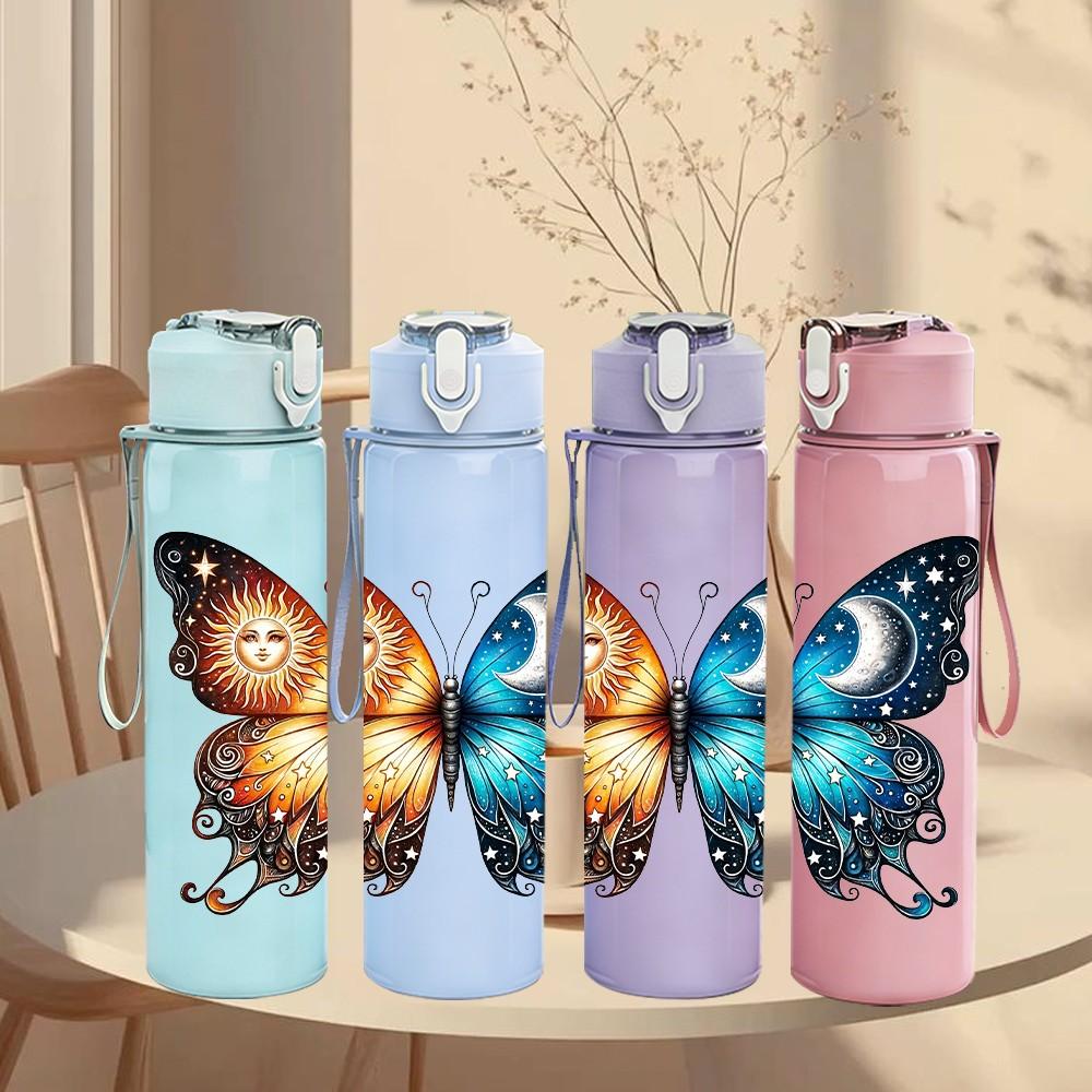1PC Bright Color Butterfly Wing Print 750ml Color Plastic Sports Water Bottle Leakproof Flip Straw Lid Suitable for Sports Office Home Use