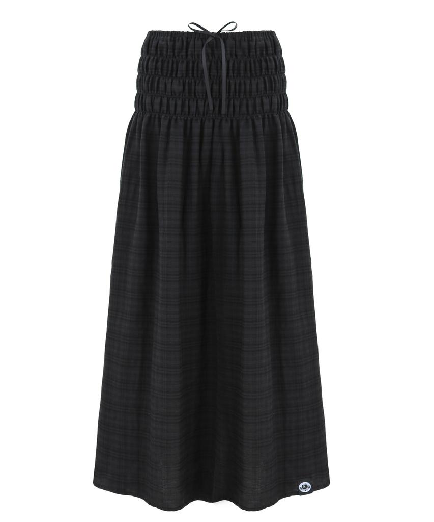 Plasma Sphere Smoke Shirred Check Ribbon Low-Rise Maxi Skirt_Black