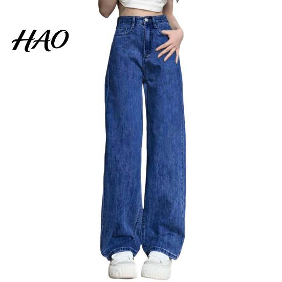 Solid Color High-waist Jeans Women High Waist Button Zipper Closure Vintage Loose Fit Hidden Belly Shape Trousers Pockets Straight Wide Leg Streetwear