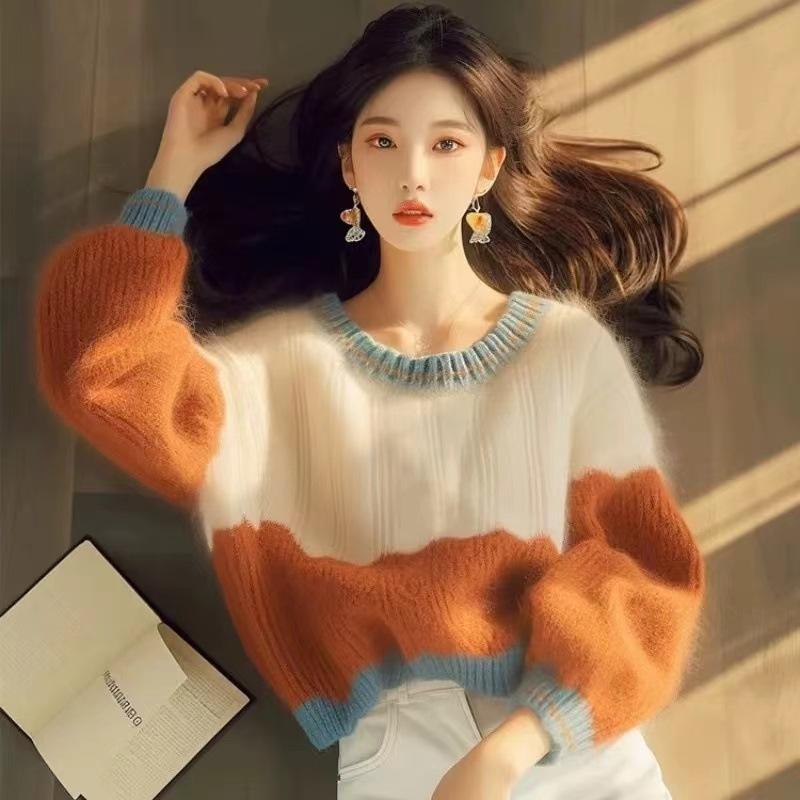 Women's 2025 Autumn/Winter Color-Block Loose Knit Sweater - Korean Lazy Style Long Sleeve