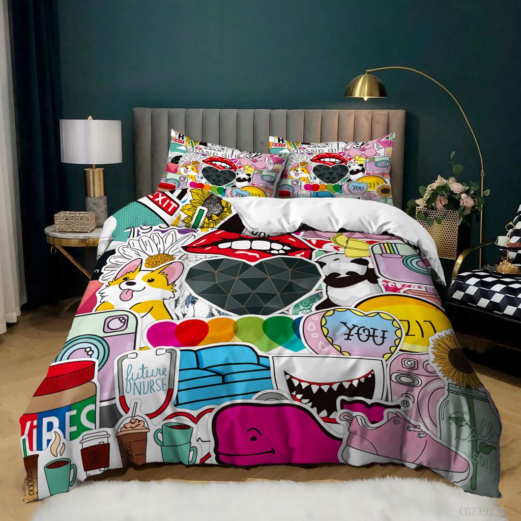Kit 3D Digital Printing Cartoon Illustration Sticker Bed Three-Piece Quilt Cover Pillowcase