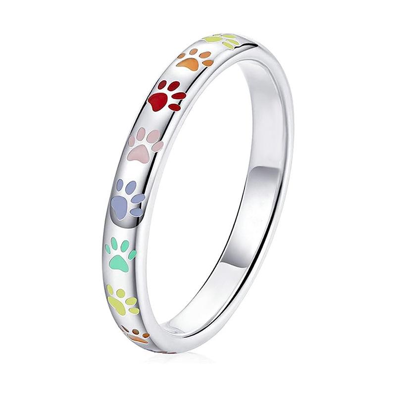 Sweet Rainbow Ring, Personality Trend Women'S Dog Print Jewelry, Cute Animal Cat Paw Ring