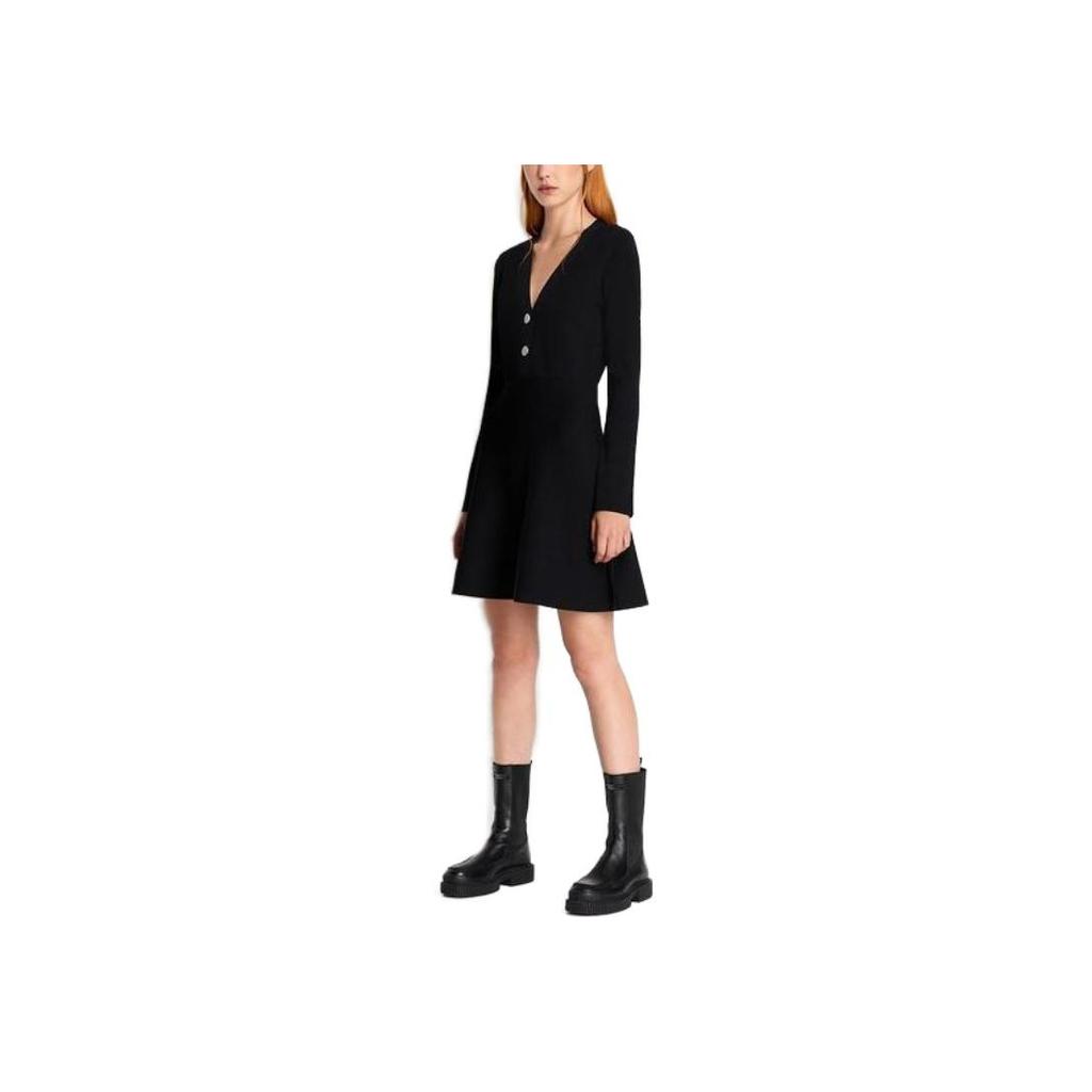 Armani Exchange Solid Color V-Neck Button Long Sleeve Dress Women Dresses Black 6RYA1F-YMH6Z-11200