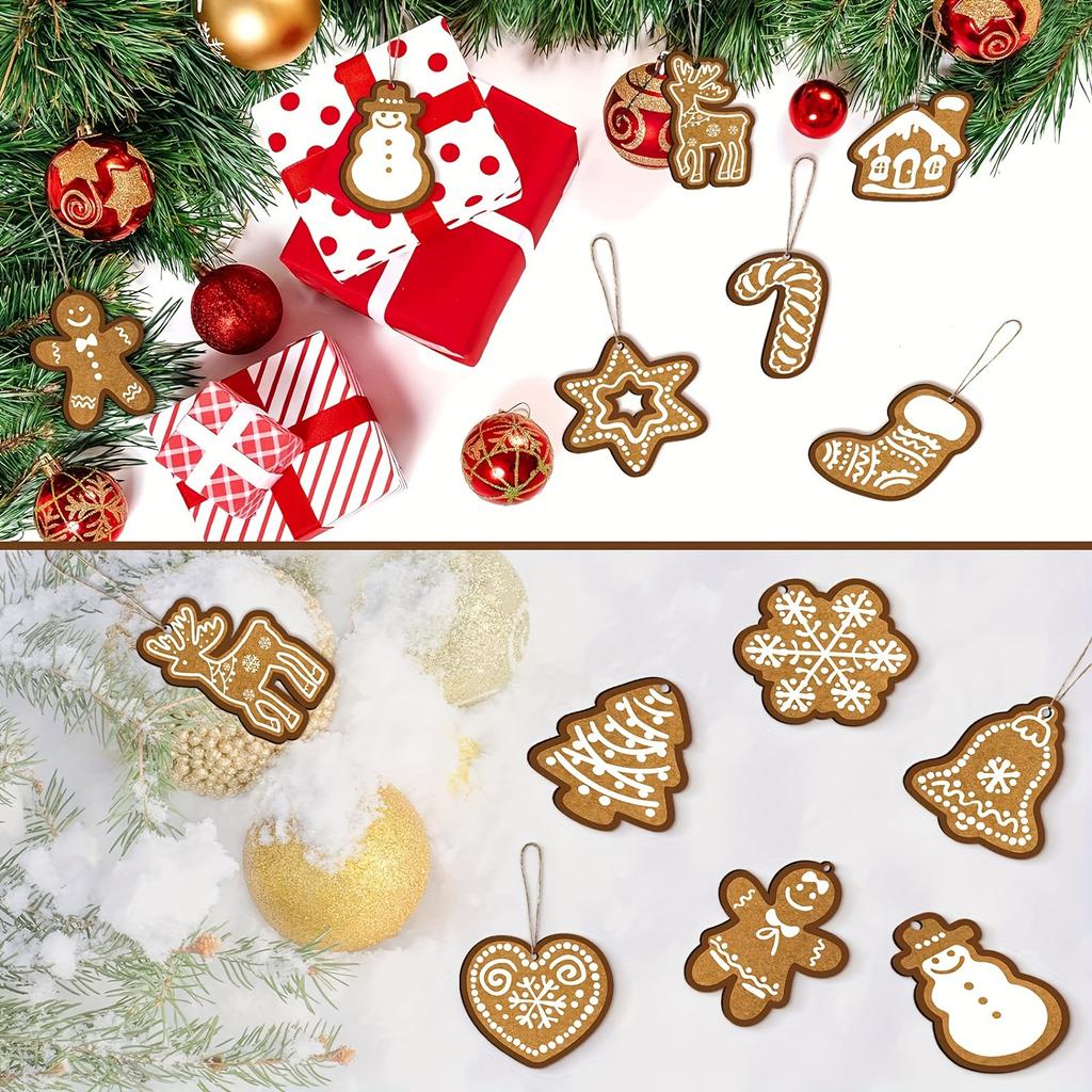 12/24pcs Christmas Tree Pendants Kraft Paper Gingerbread Man Snowflake Elk Shape Hanging Ornaments Xmas Party Gift Tags Label
