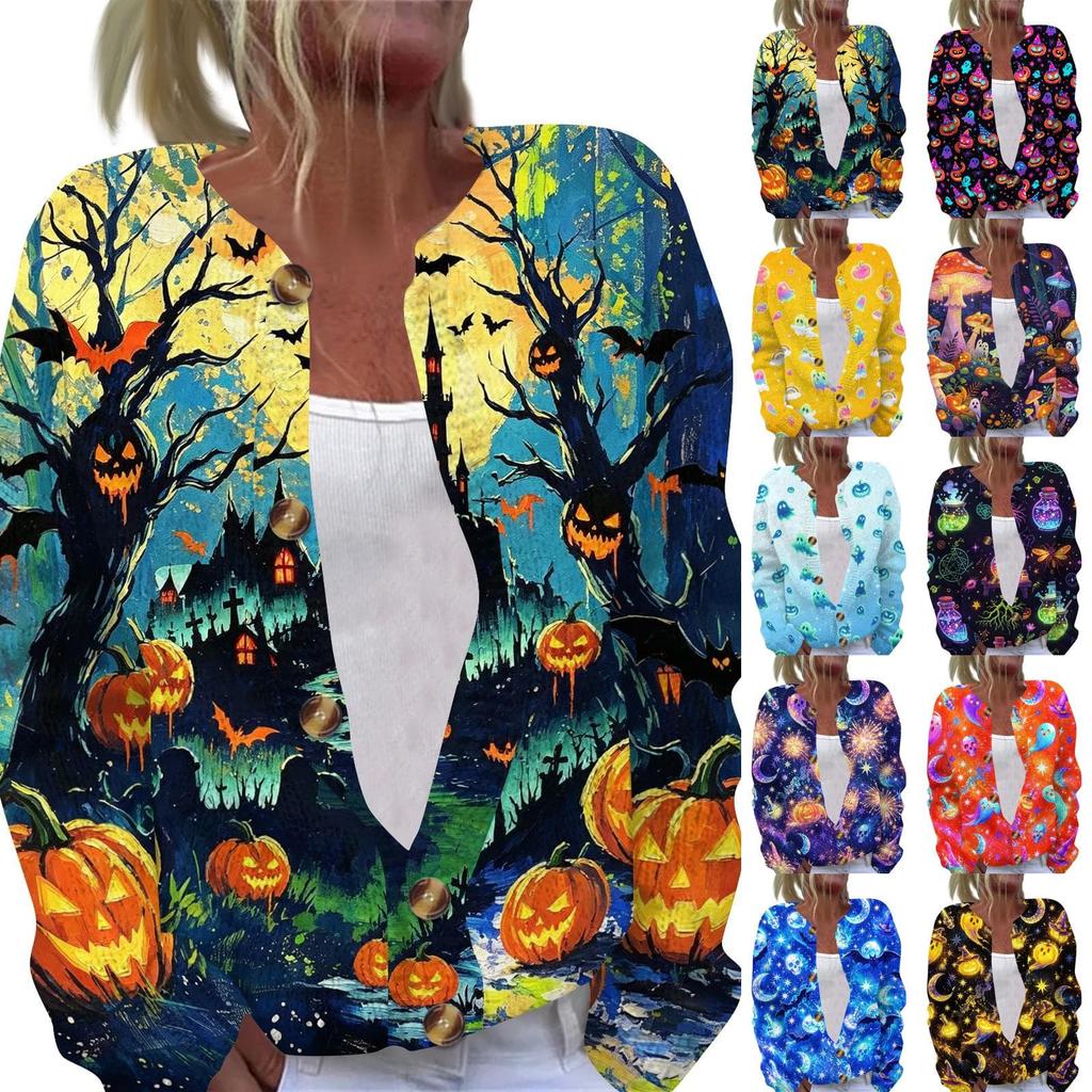 Damen Halloween Print Langarm Strickjacke mit Knopfleiste für Herbstliche Festliche Anlässe