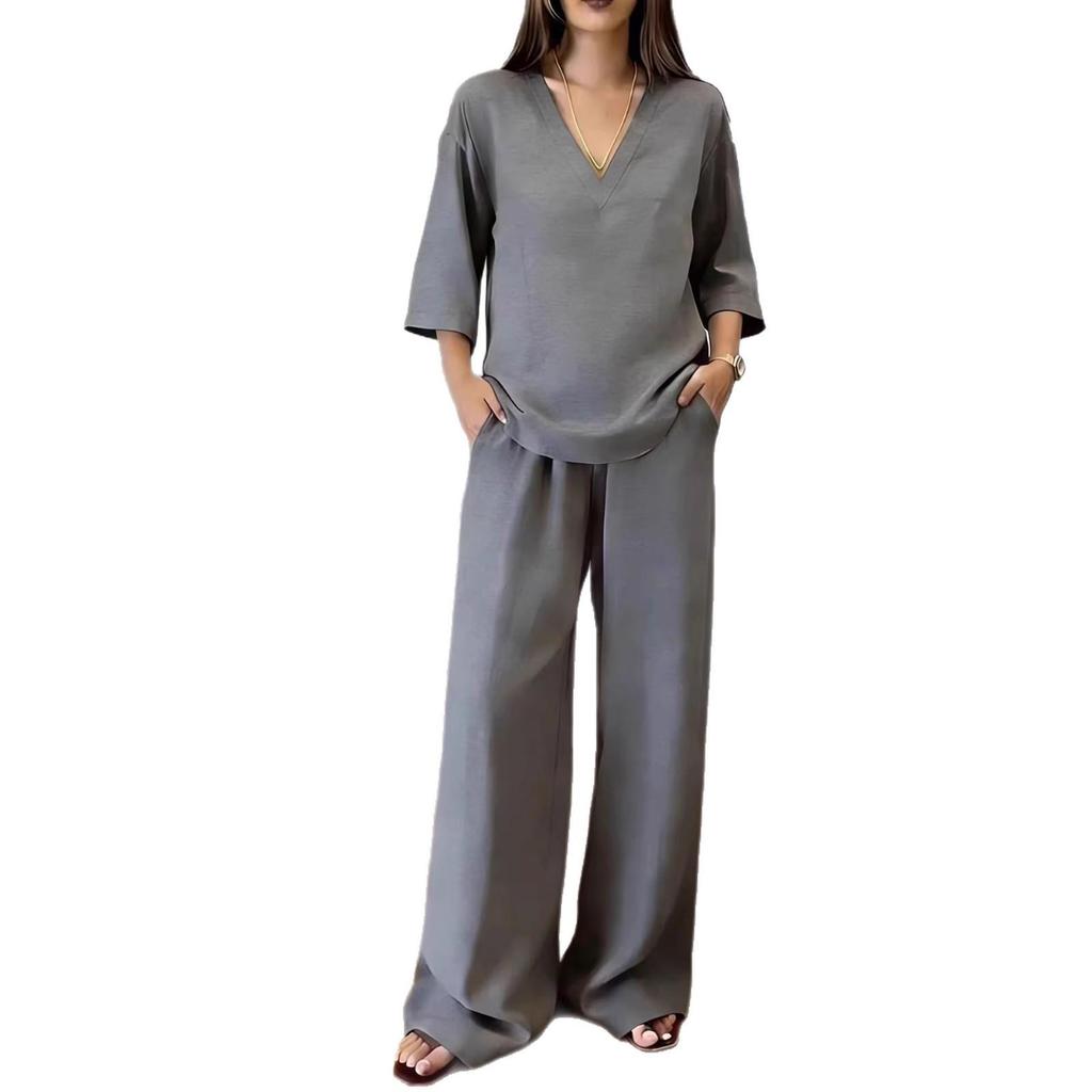 Women's Spring V-Neck Top and Wide-Leg Pants Set - Solid Color, Short-Sleeved, European & American Style Casual Wear