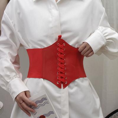 Effen Kleur Elastisch Dameskorset Verfijnd Vormgevend Vakmanschap Kunstleer Vetersluiting Brede Riem Kleding Accessoires