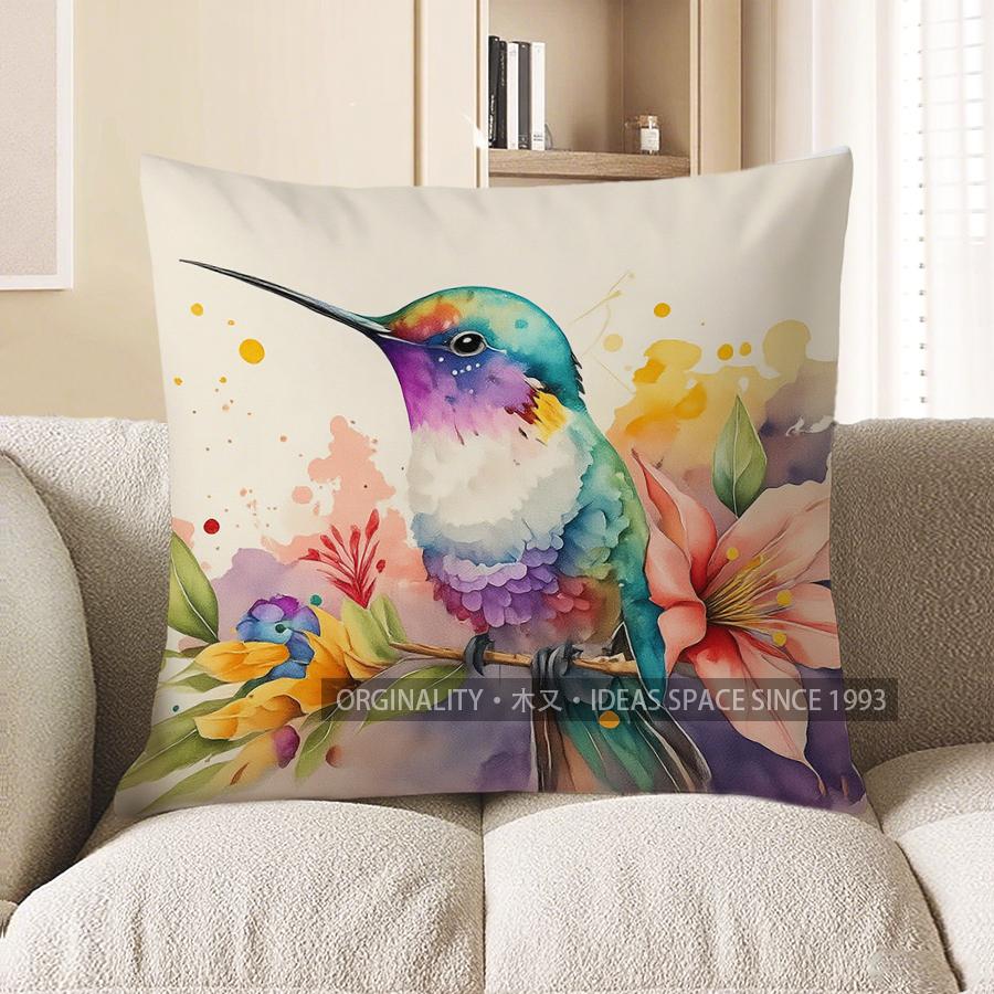 Home Decor Hummingbirds & Flowers Watercolor Pillow Cover Pattern Cushion Cover Suitable For Sofa Bedroom Car Pillow Cover