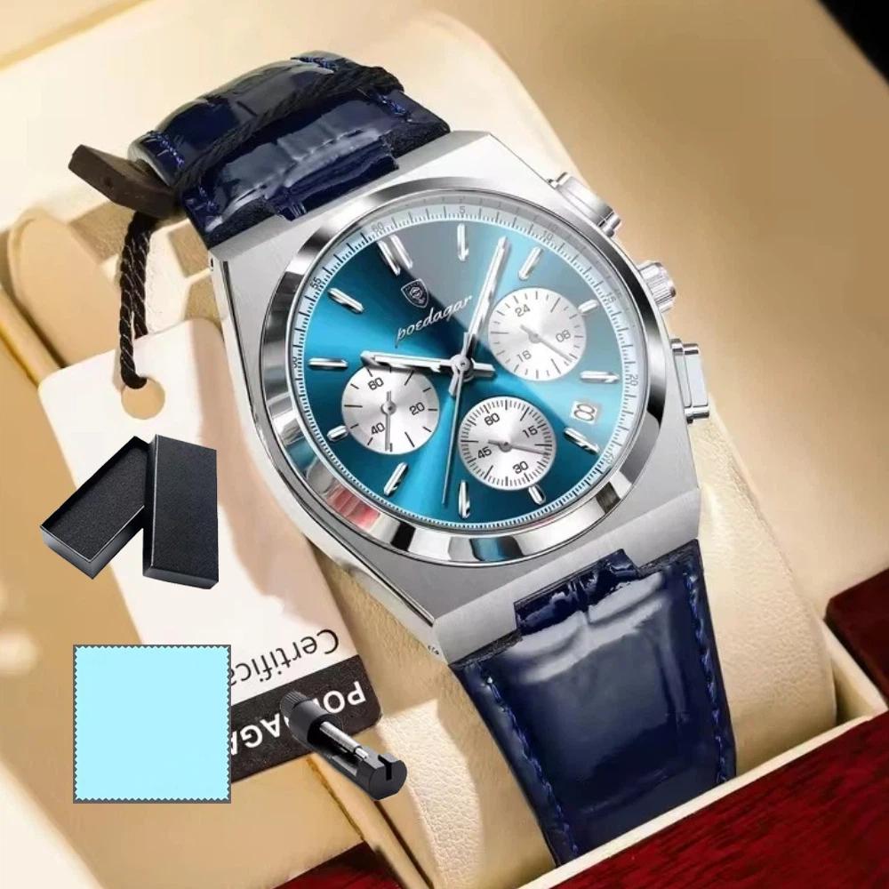POEDAGAR Orologio da uomo di lusso alla moda Impermeabile Luminoso Cronografo Data Quarzo da polso Moda Sportivo Pelle Orologi