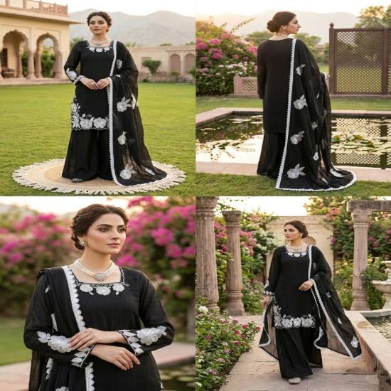 Black Frendy Silk Floral Embroidered Palazzo Suit with Dupatta Set