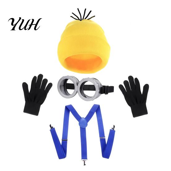 Adjustable Elastic Suspenders Knit Hat Costume Set, Retro Round Glasses Gloves, Halloween Party Comic Exhibition Cosplay Gear Accessories Kit