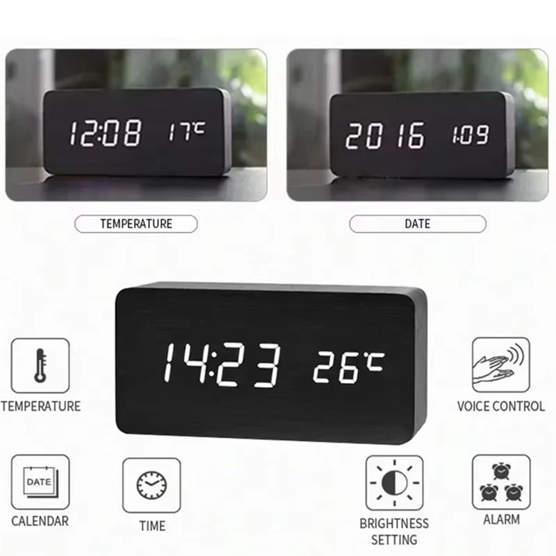M-Modern-Wooden Digital Clock LED Clock With Temperature Desk Decorating Bedroom Decoration Table Decorations