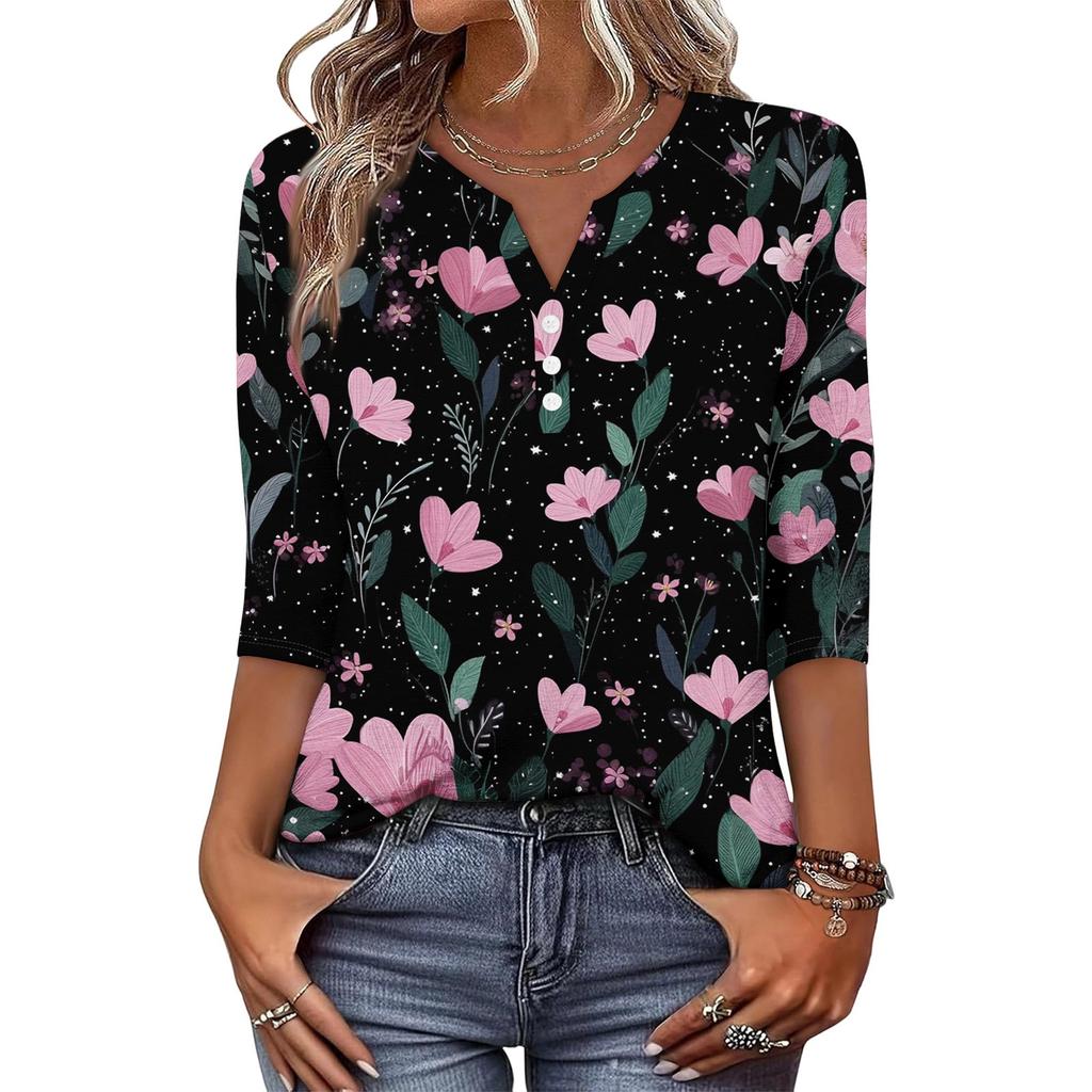 Women's Fashionable Casual Retro Floral Print V-Neck Button-Down Three-Quarter Sleeve T-Shirt Top