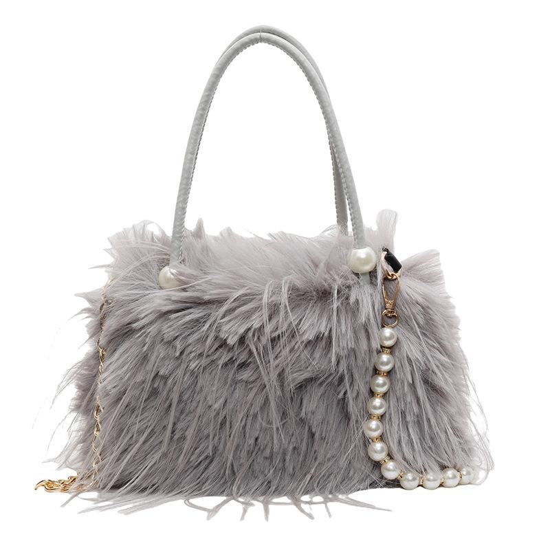 Imitation turkey feather niche simple women's bag 24 new autumn and winter handbag fashion pearl fringed hair messenger shoulder bag
