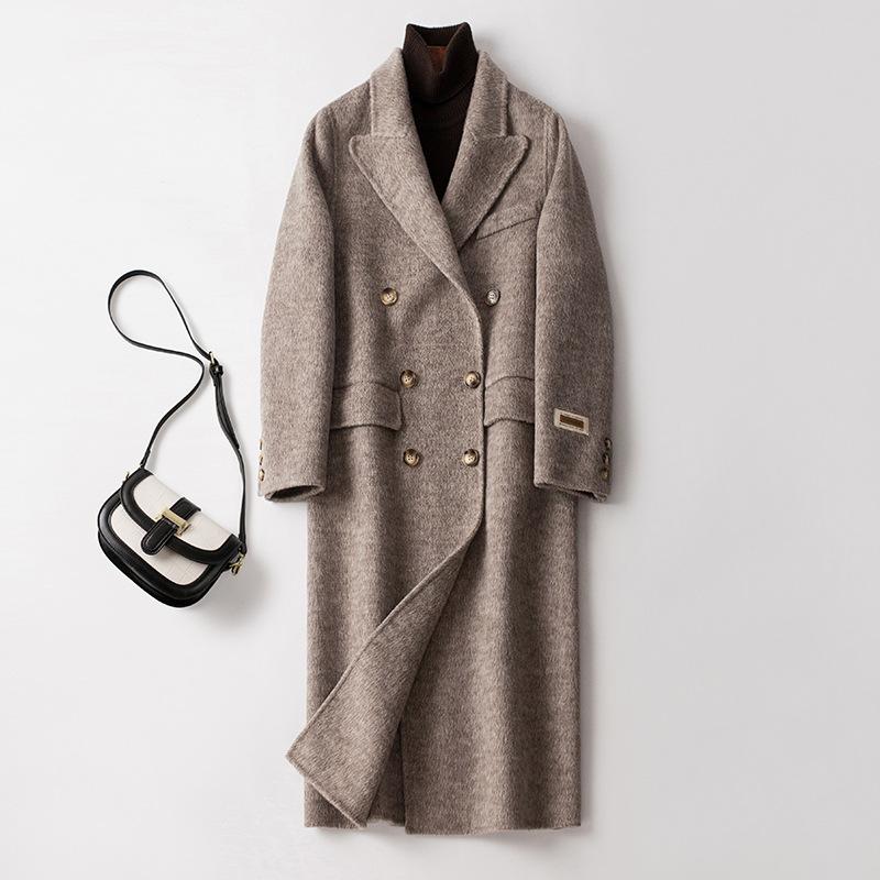 760 #alpaca hair mixed color double-sided cashmere coat women's medium and long suit collar double-breasted woolen coat tide