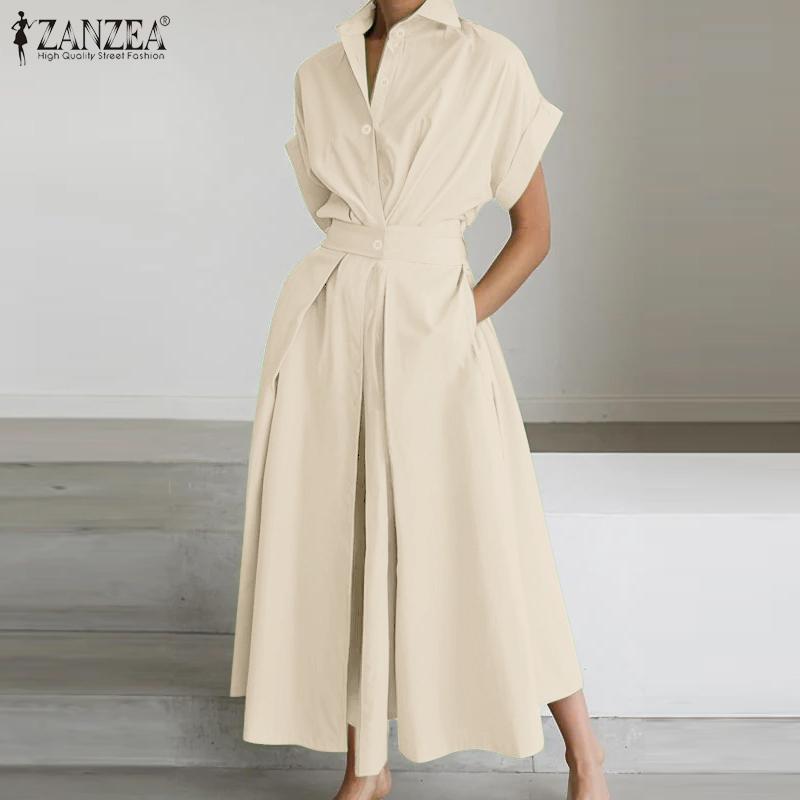 ZANZEA Ženy Turn Down límeček s krátkým rukávem Ležérní dlouhé košilové šaty