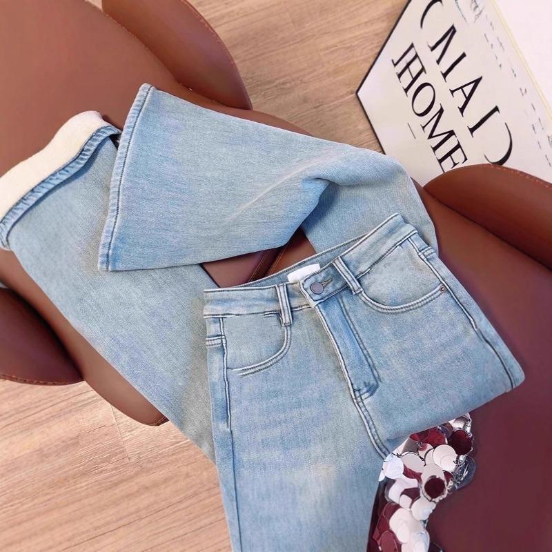 Autumn and Winter Light Blue Velvet Retro Micro-flared Slim-fitting Jeans Women's High-waisted Slim-fitting Horseshoe Pants