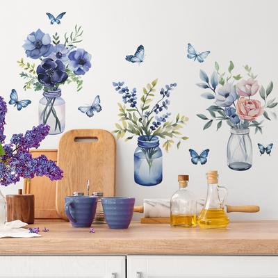 Romantische Lila Blumen Grüne Pflanze Vase Schmetterling Schlafzimmer Wohnzimmer Hause Dekoration Wand Aufkleber