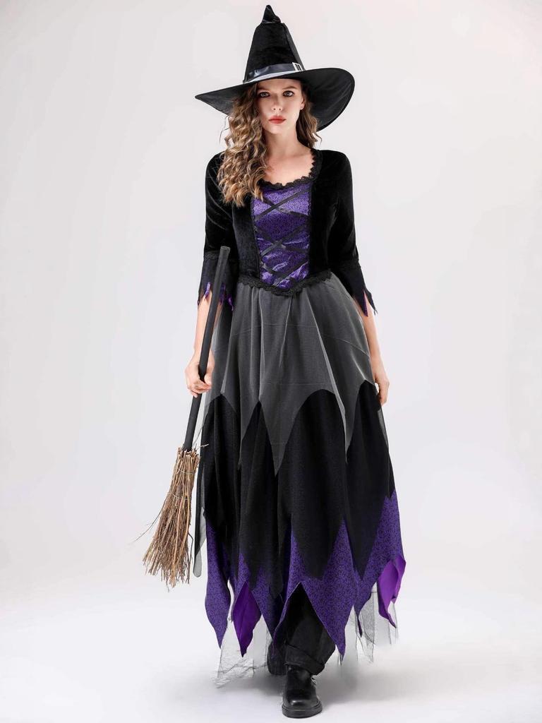 Schwarz-Violettes Hexen-Vampir-Kostüm für Erwachsene und Kinder - Perfekt für Halloween und Bühnenauftritte