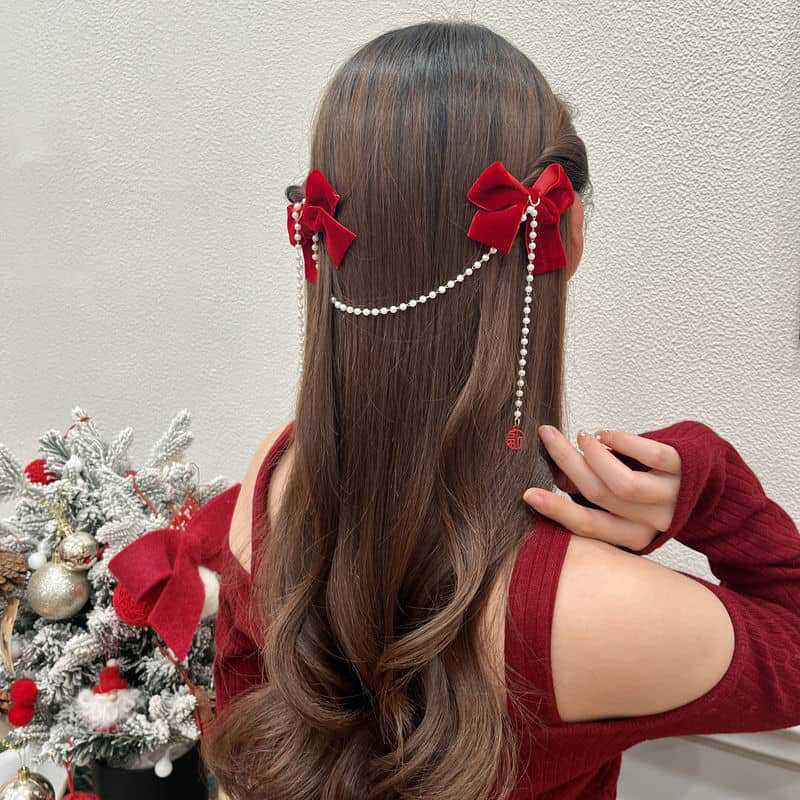 Elegant Pearl Bow Tassel Hair Clip Solid Velvet Hair Claw Children Princess Best Hairpins New Fashion Beauty Hair Accessories